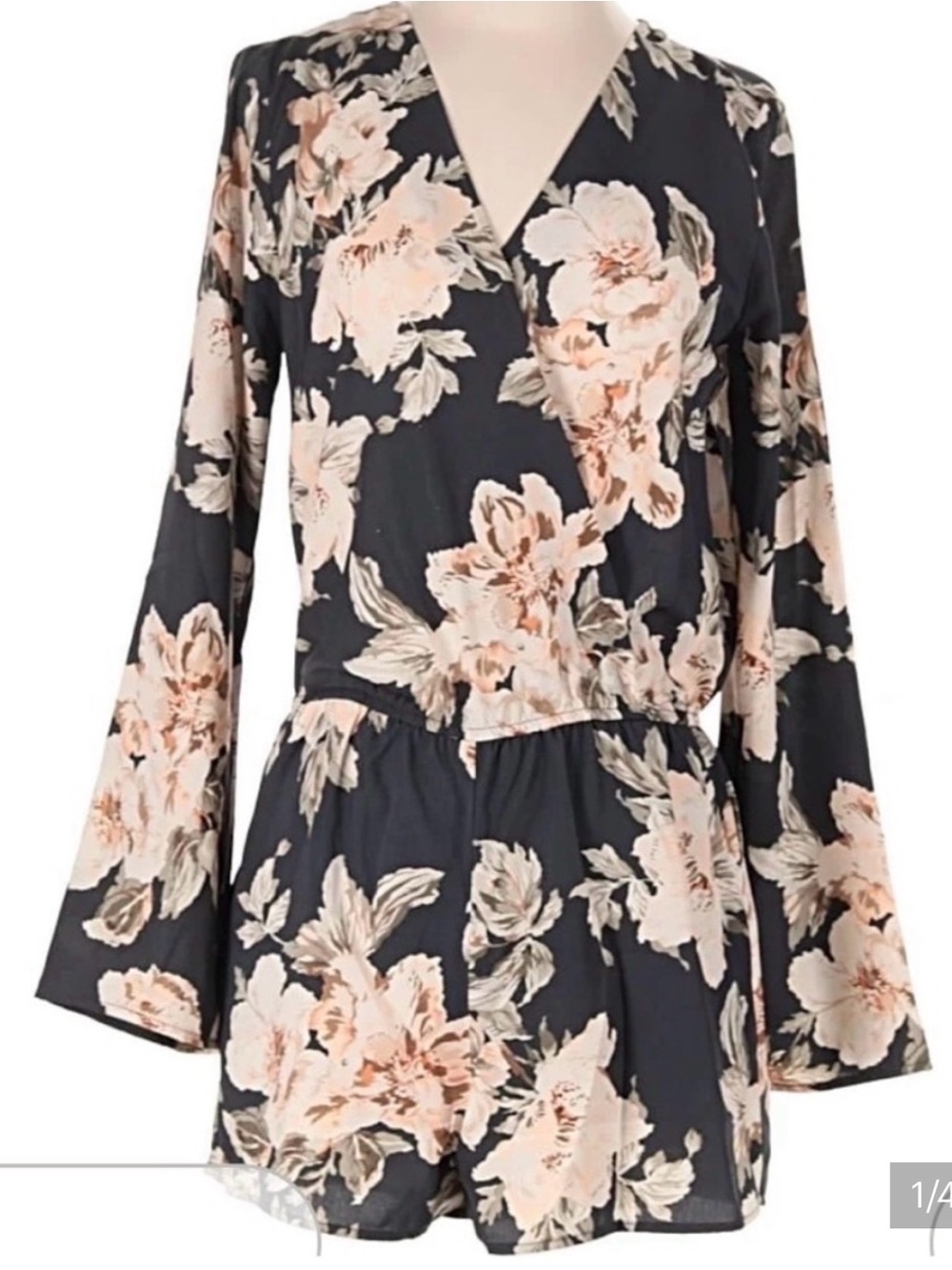 Lulus Black Floral Long Sleeve Wrap Romper Size Medium - like new